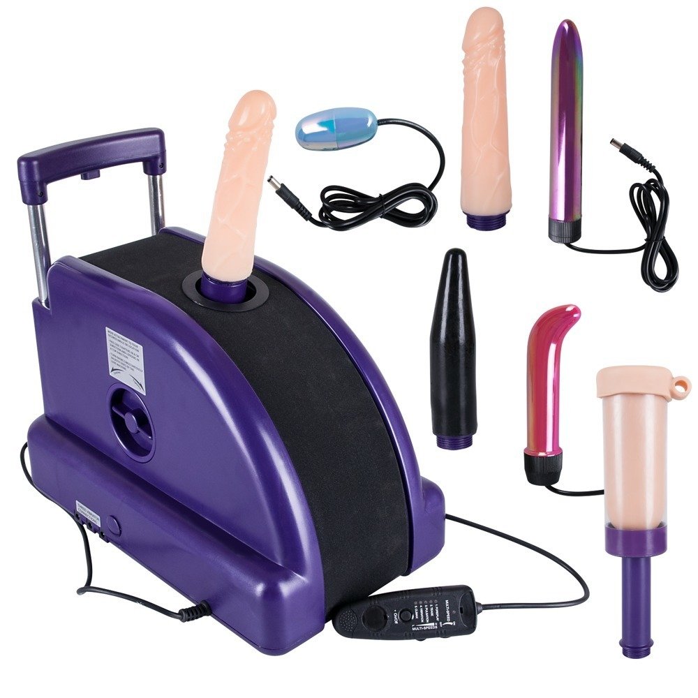 Krachtige seksmachine met vibratie-elementen en drie opzetstukken Krachtige seksmachine met vibratie-elementen en drie opzetstukken