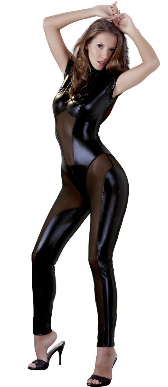 Catsuit in zwarte glanzende transparante wetlook